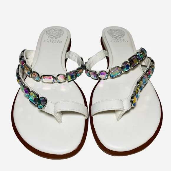 Vince Camuto Bejeweled Sandals Ambridil White Leathers shoes Toe Loop - Picture 2 of 10